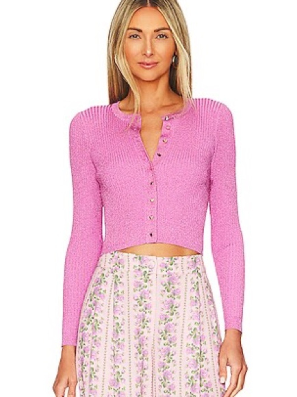 LoveShackFancy Pink Ribbed Heart-Button Cardigan